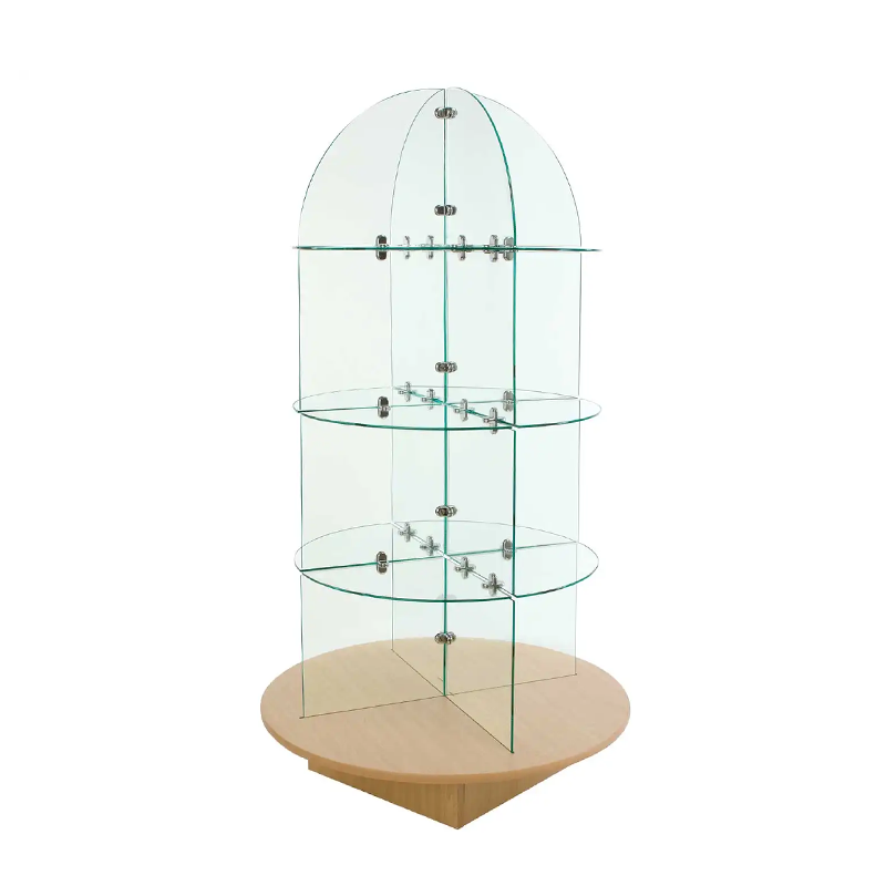 Glass shelving display with maple round wood base