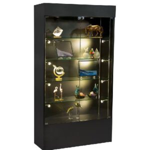 black tower case displaying trophies inside