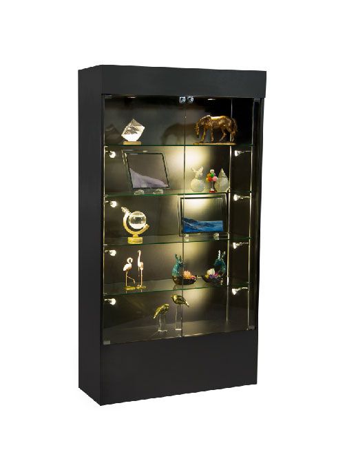 black tower case displaying trophies inside