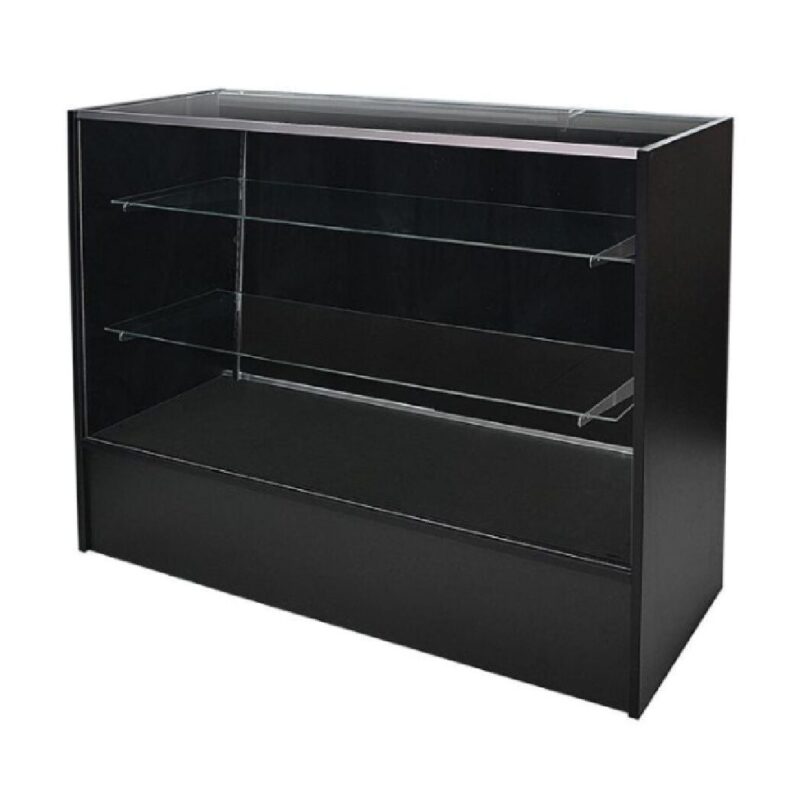 4ft black full vision display case for retail spaces comes with tempered glass shelves and sliding glass with lock