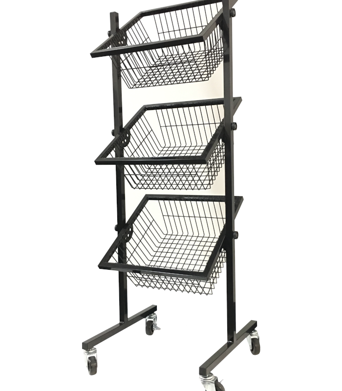 3 tier rolling wire bins on l-shaped legs with casters