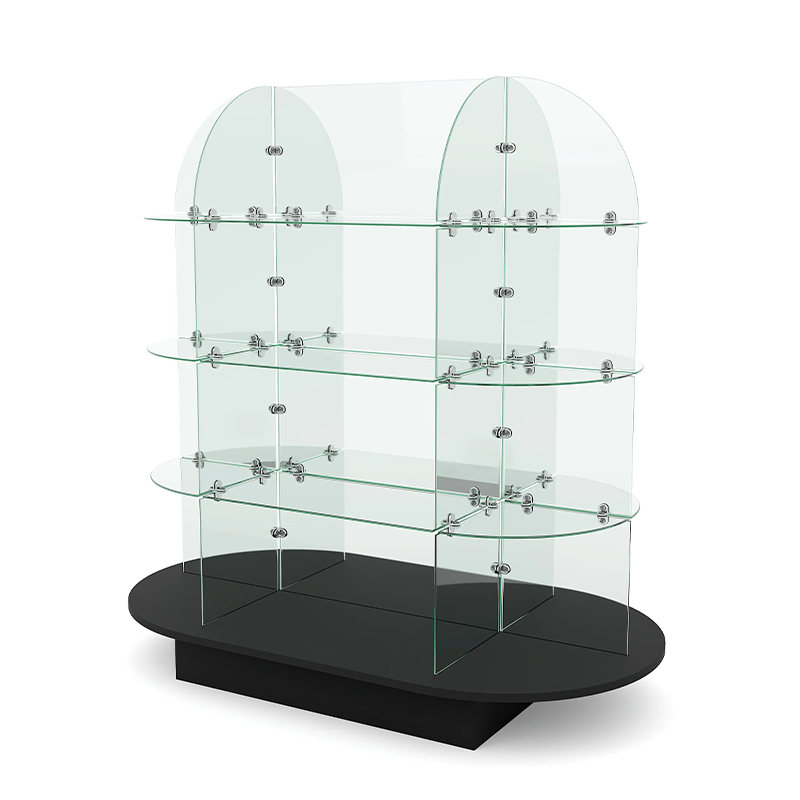 Glass shelving display with black oval wood base