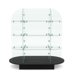 Glass shelving display with black oval wood base front view