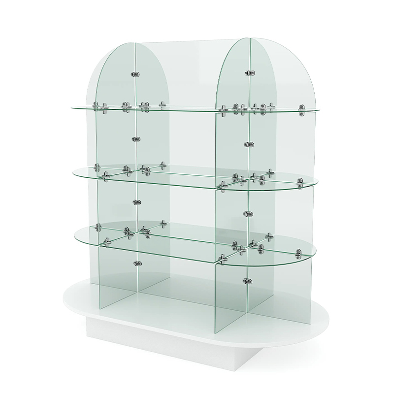 Glass display with white oval wood base