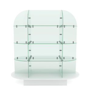 Glass display with white oval wood base front view