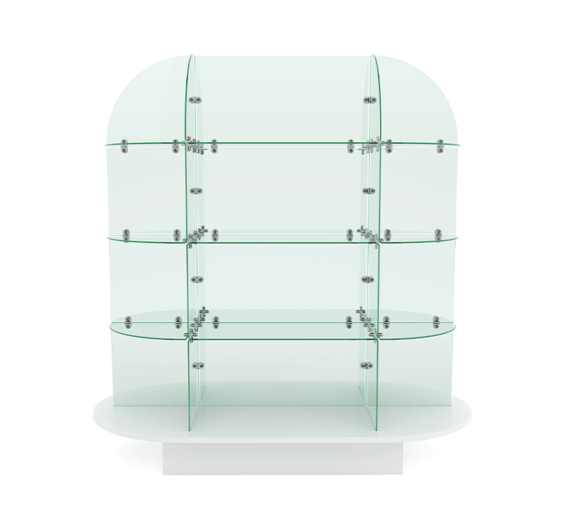 Glass display with white oval wood base front view