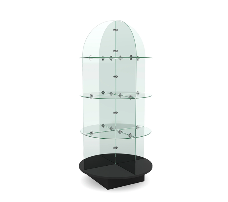 Glass shelving display with black round wood base