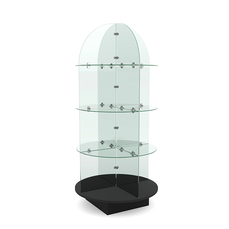 Glass shelving display with black round wood base