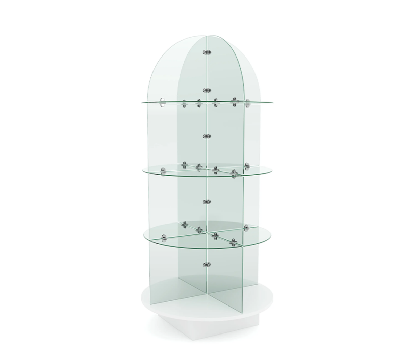 Glass shelving display with white round wood base