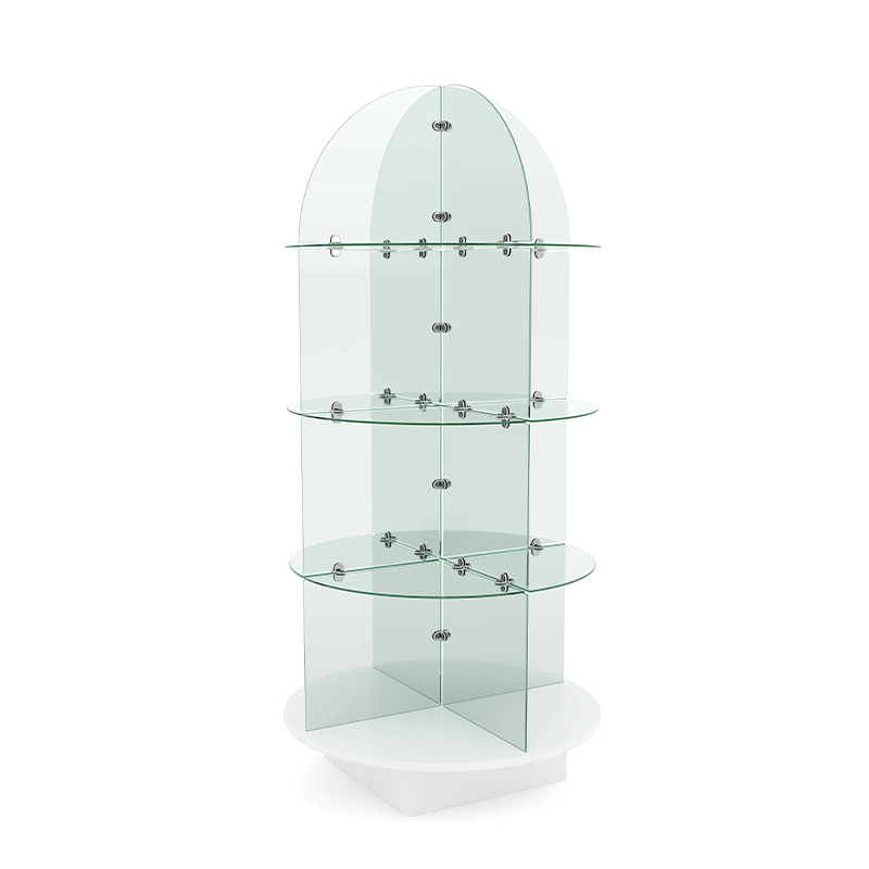 Glass shelving display with white round wood base