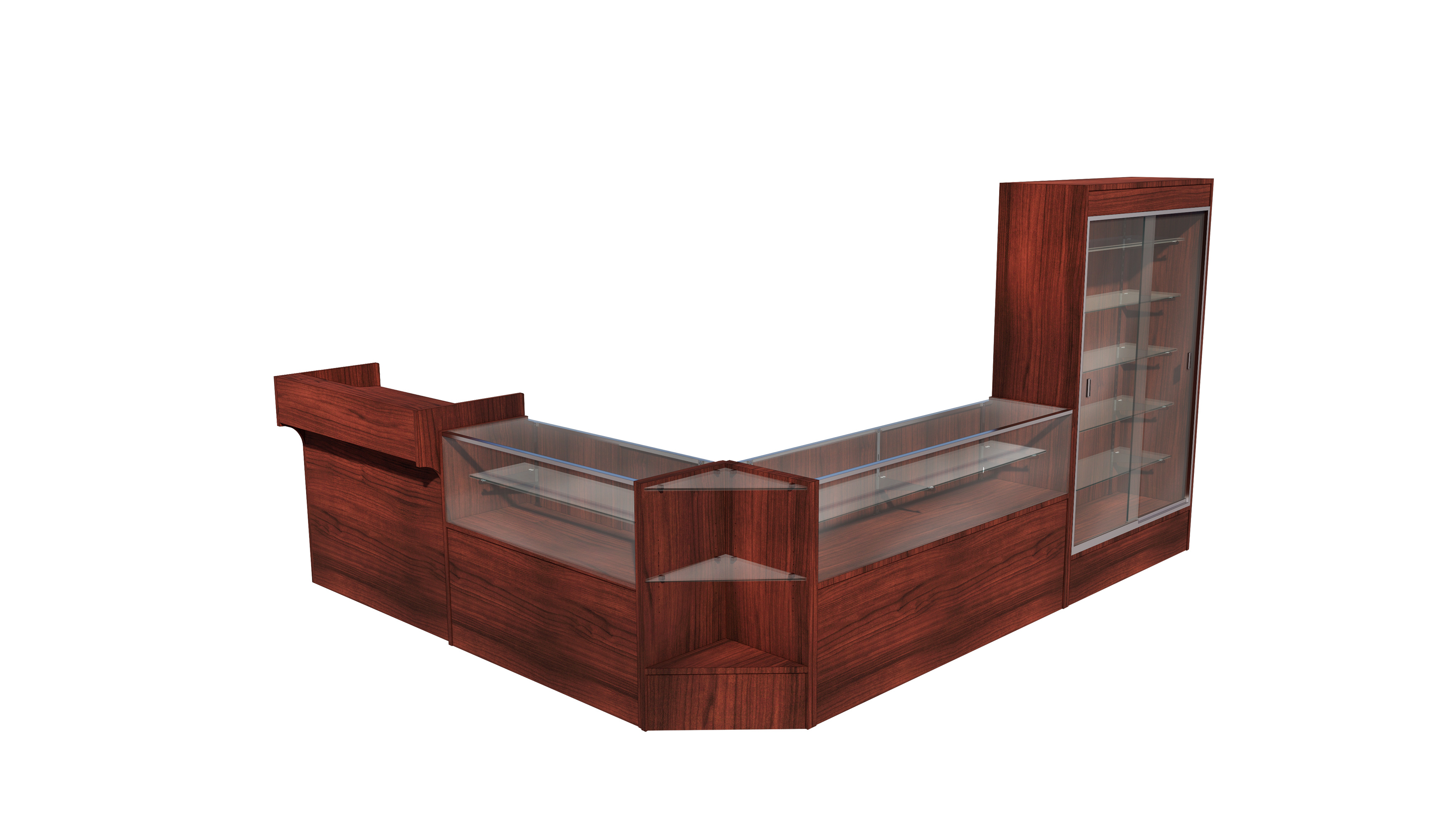 3D rendering of our cherry display cases, lined up to make an L shape display area