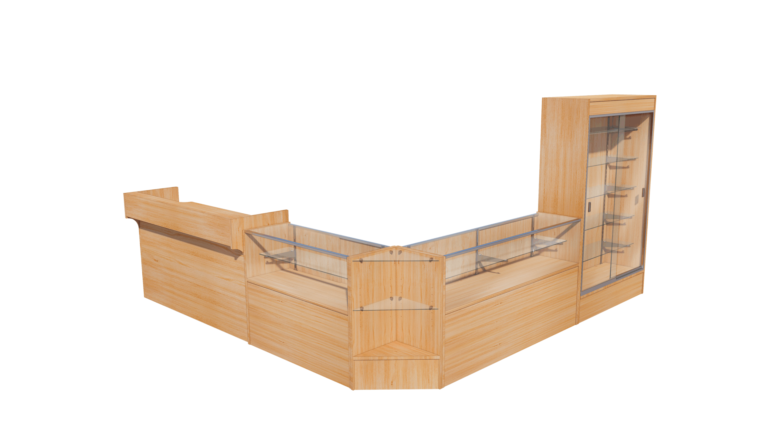 3D rendering of our maple display cases, lined up to make an L shape display area