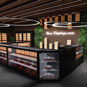 3D rendering of a store with an island display set up with our glass showcases
