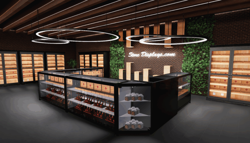 3D rendering of a store with an island display set up with our glass showcases